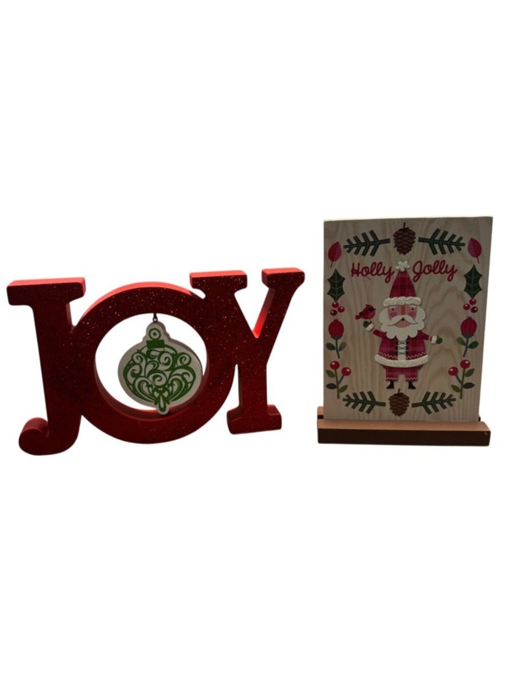 Red Joy Sign & Holly Jolly Santa Plaque Wood Holiday Christmas Decor Set
